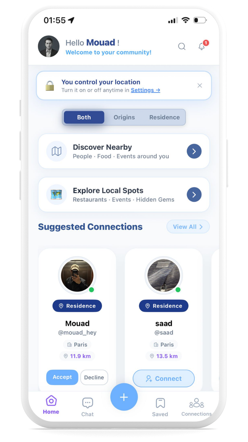 Origins community web app — mobile interface mockup
